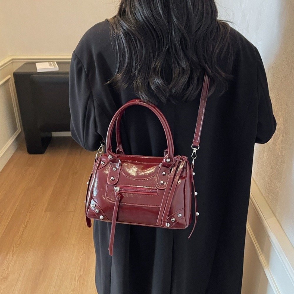 Top Handle Patent Bag - Vintage Rivets Pillow Bag Patent Leather