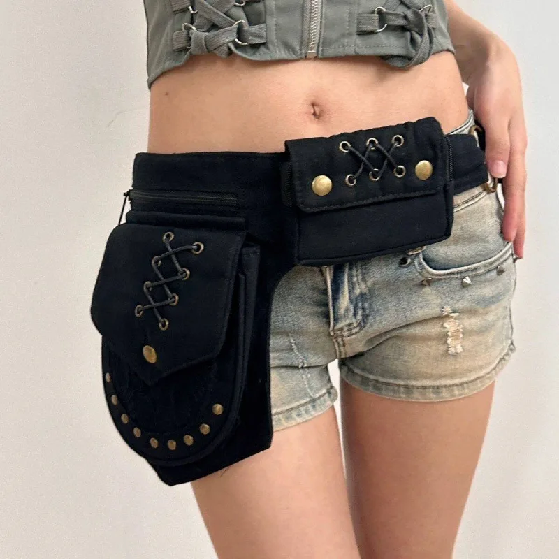 Belt Bag Leather Wide - Vintage Rivet Wide Waist Bag American